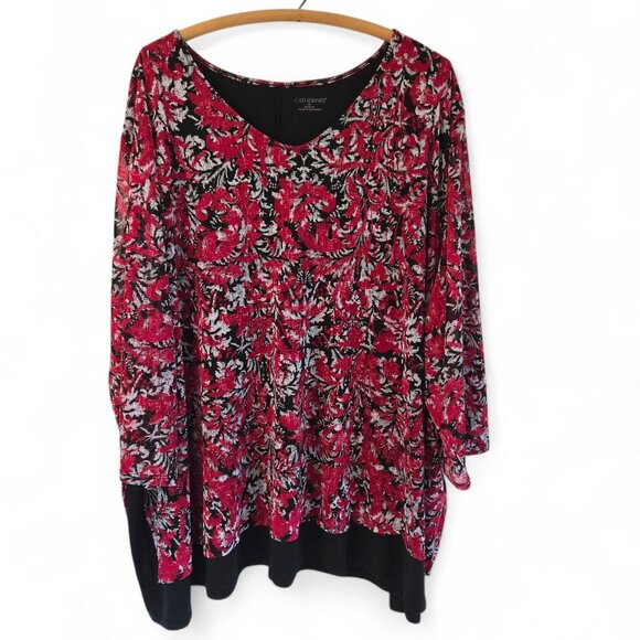 Catherines Tops - Catherines 5X Red & Black Floral Long Sleeve Tunic Top 34/36W Sheer Lined